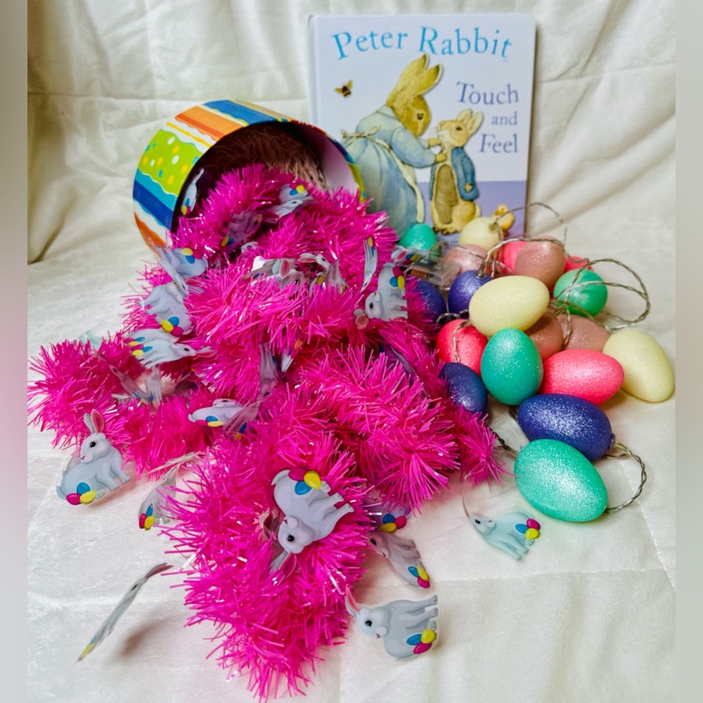 Easter Pink Tinsel Garland, LED Egg String Lights & “Peter Rabbit Touch & Feel”